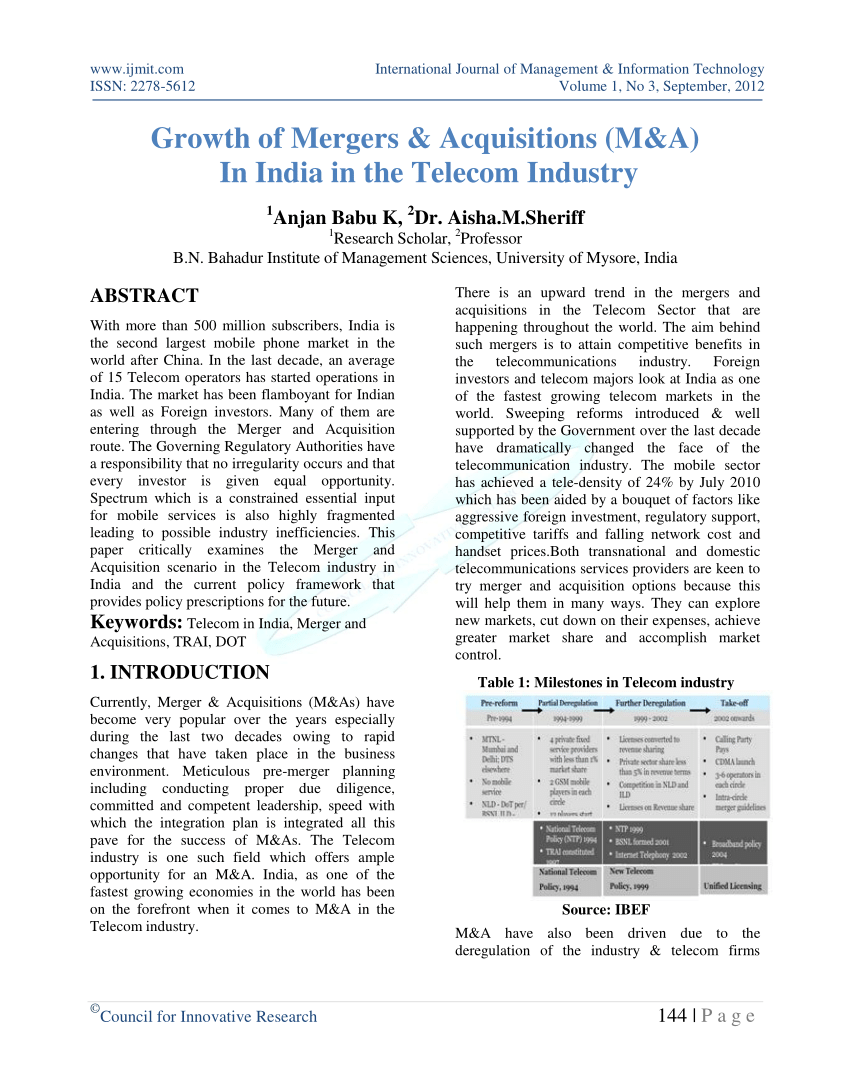 research paper on merger and acquisition in telecom industry