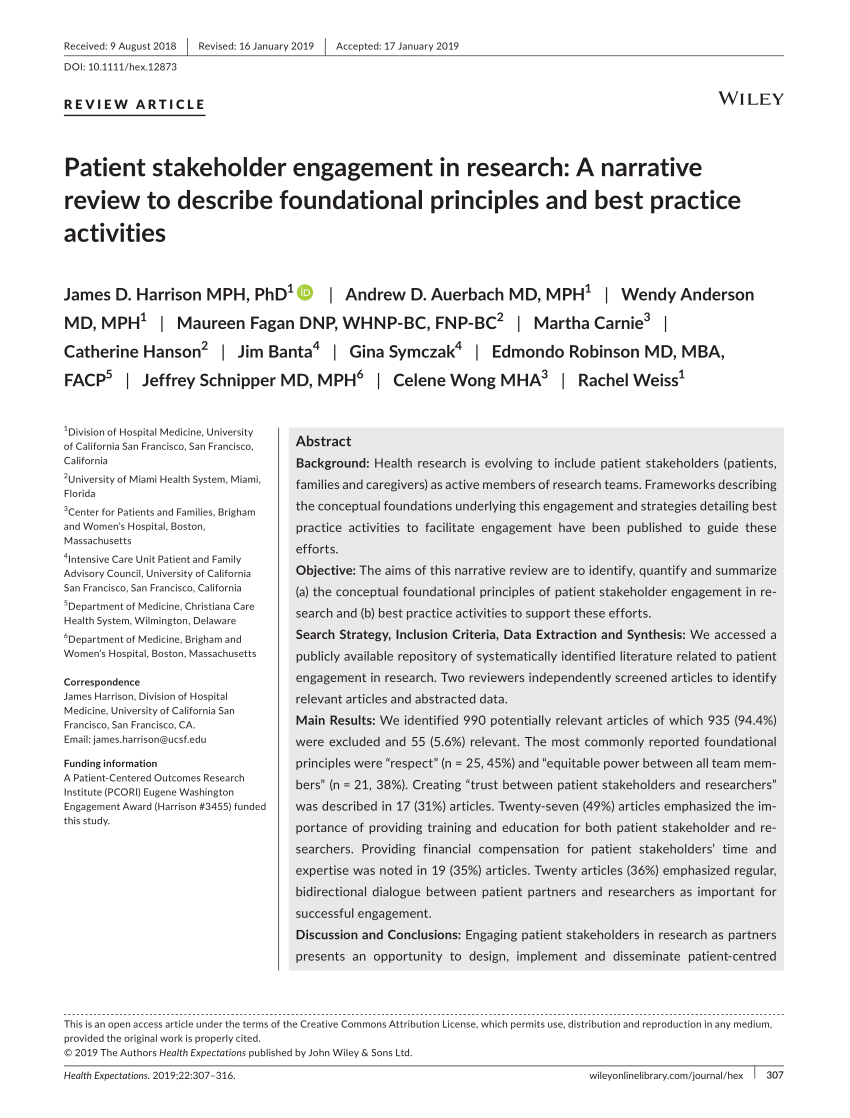 PDF) Patient stakeholder engagement in research: A narrative review to  describe foundational principles and best practice activities