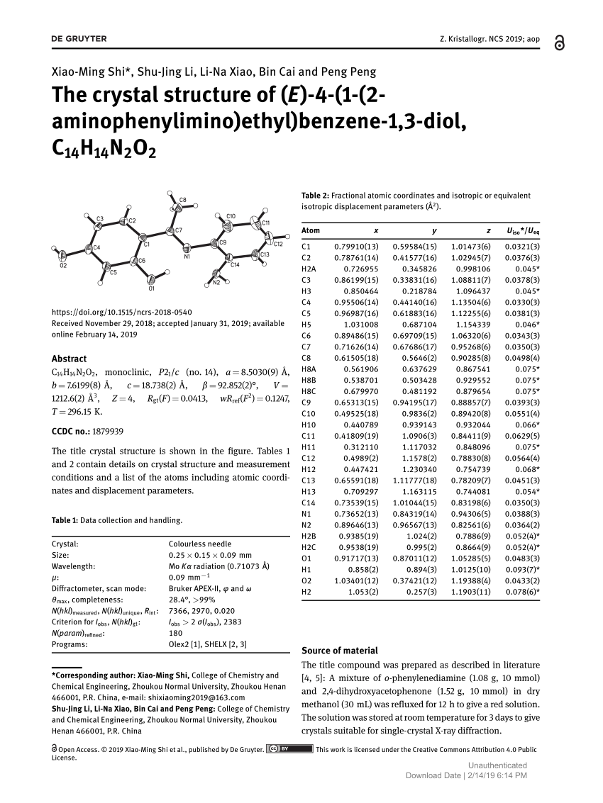 Pdf The Crystal Structure Of E 4 1 2 Aminophenylimino Ethyl Benzene 1 3 Diol C14h14n2o2