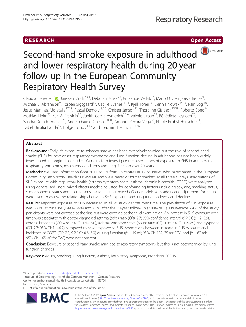 Pdf Second Hand Smoke Exposure In Adulthood And Lower Respiratory Health During Year Follow Up In The European Community Respiratory Health Survey