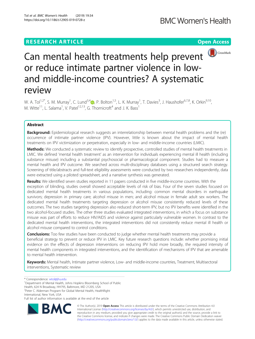 Pdf Can Mental Health Treatments Help Prevent Or Reduce Intimate Partner Violence In Low And Middle Income Countries A Systematic Review
