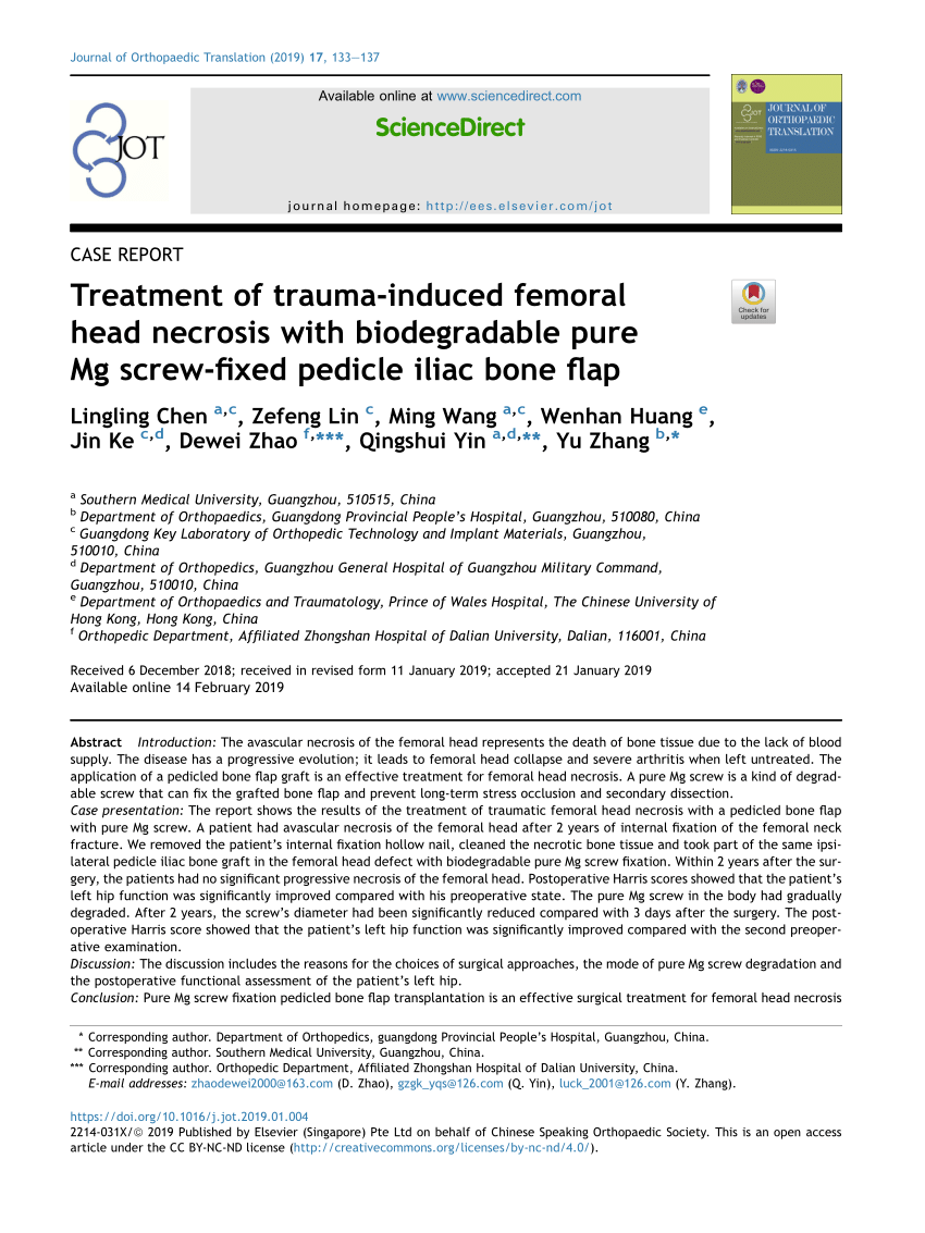 Pdf Treatment Of Trauma Induced Femoral Head Necrosis With Biodegradable Pure Mg Screw Fixed Pedicle Iliac Bone Flap