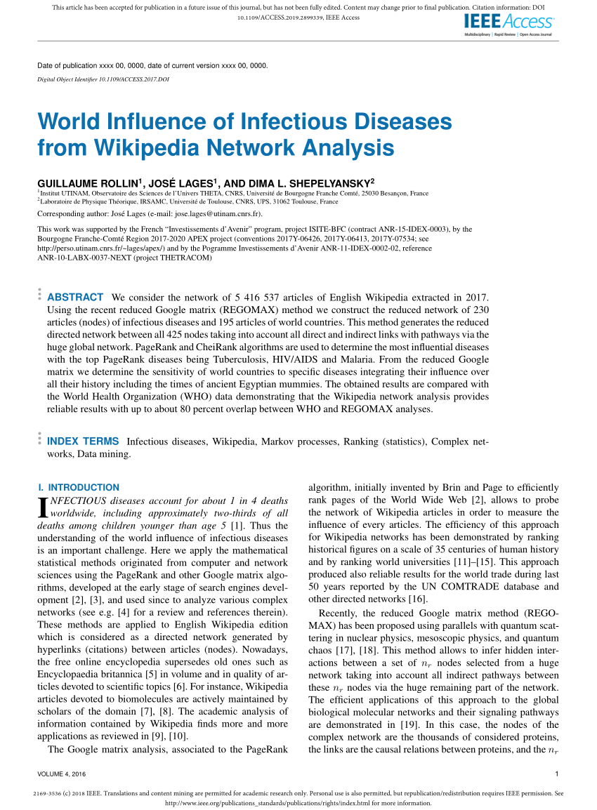 Pdf World Influence Of Infectious Diseases From Wikipedia Network Analysis