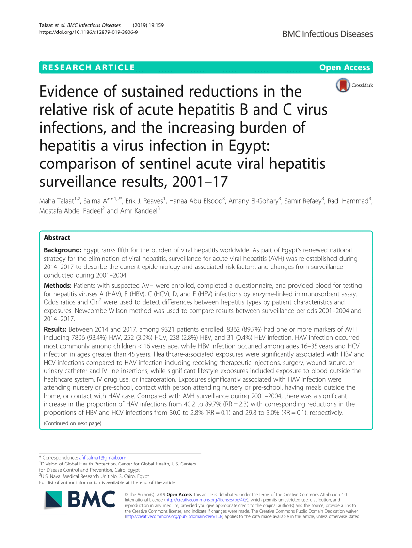 PDF) Evidence of sustained reductions in the relative risk of acute  hepatitis B and C virus infections, and the increasing burden of hepatitis  a virus infection in Egypt: comparison of sentinel acute