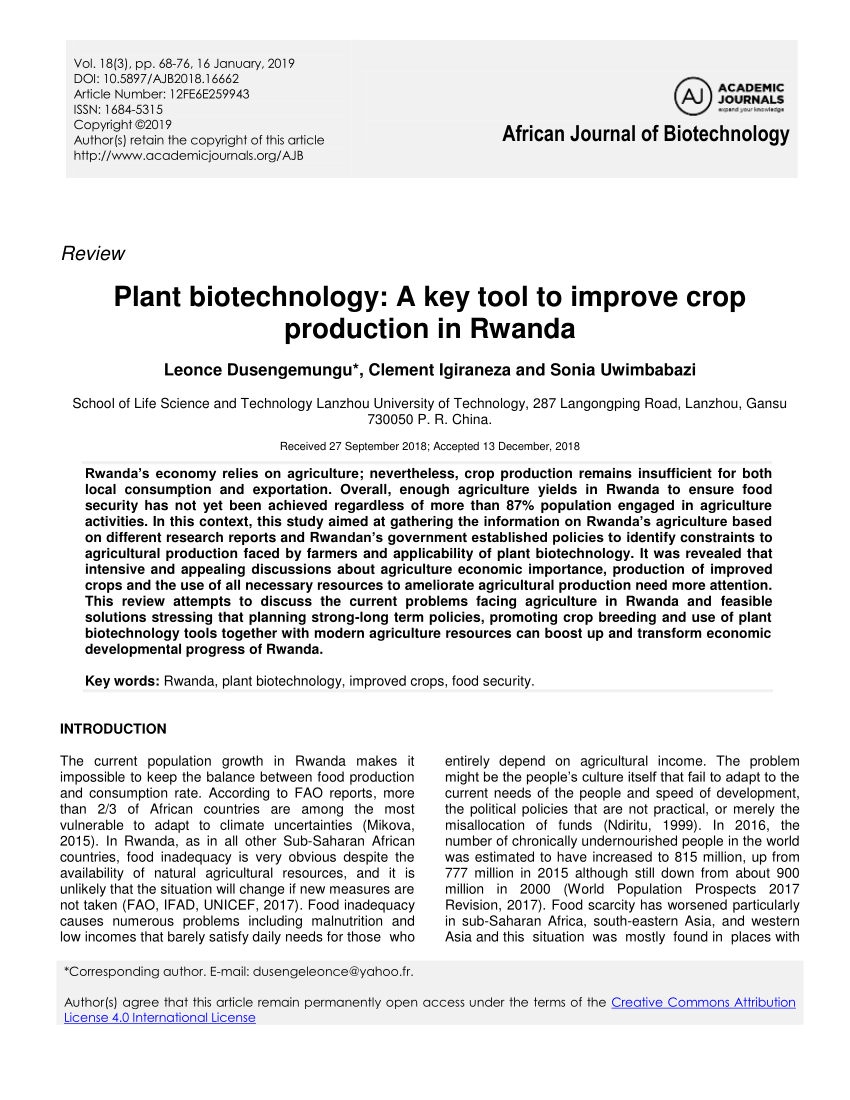 (PDF) Plant biotechnology A key tool to improve crop production in Rwanda