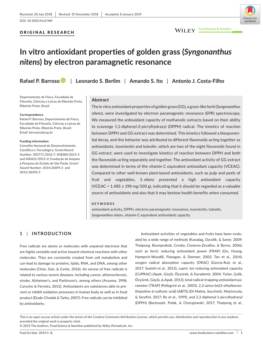 Pdf In Vitro Antioxidant Properties Of Golden Grass Syngonanthus Nitens By Electron Paramagnetic Resonance