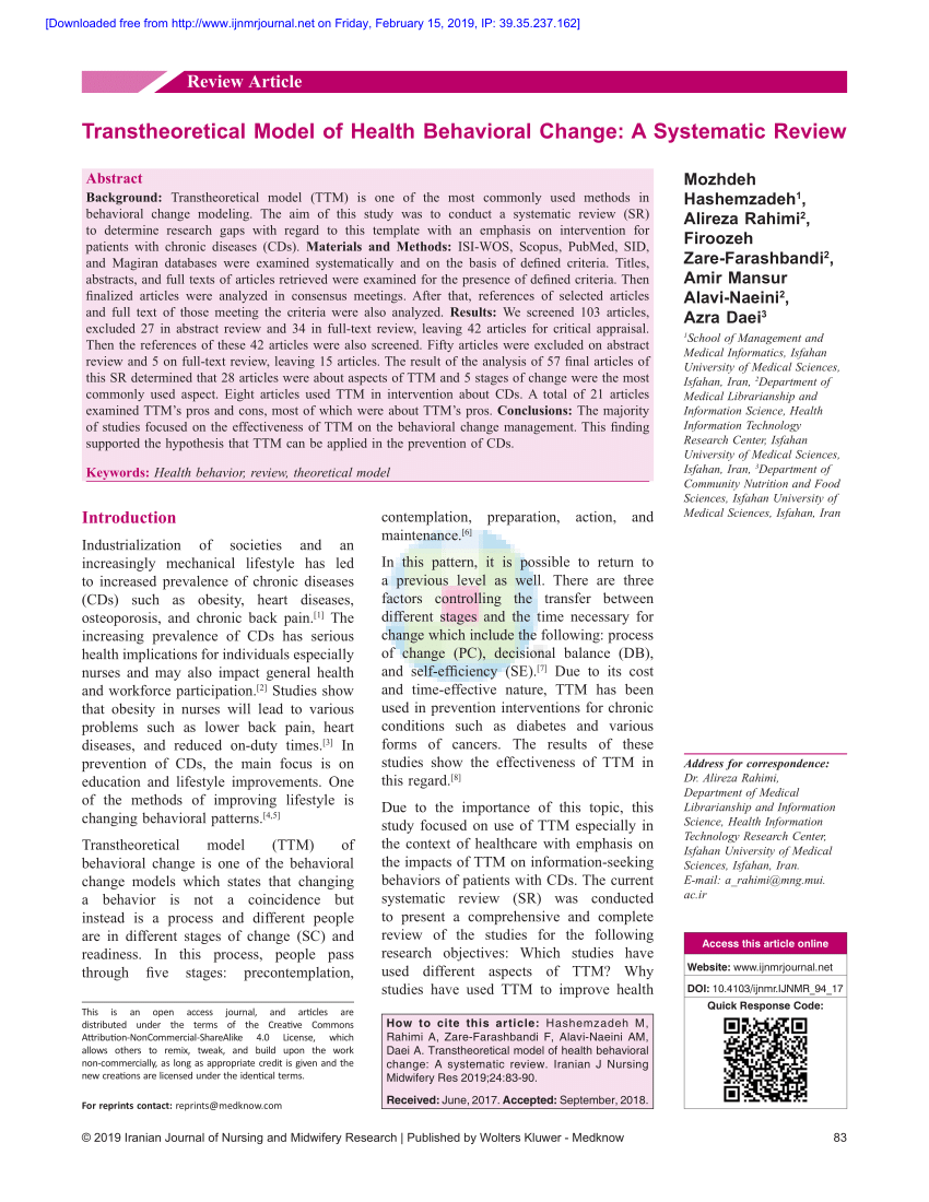 PDF) Transtheoretical Model of Health Behavioral Change: A