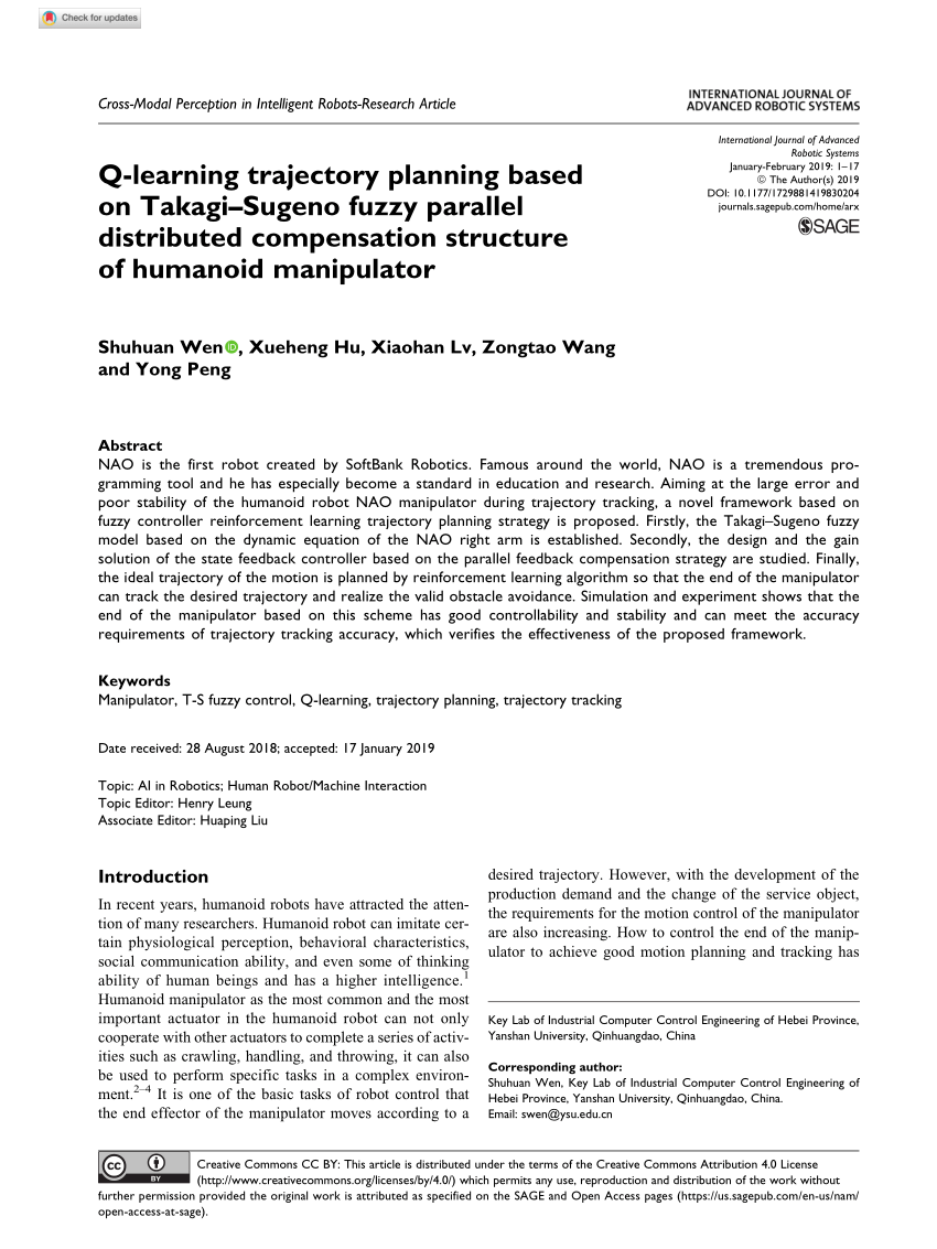 Pdf Q Learning Trajectory Planning Based On Takagi Sugeno Fuzzy Parallel Distributed Compensation Structure Of Humanoid Manipulator