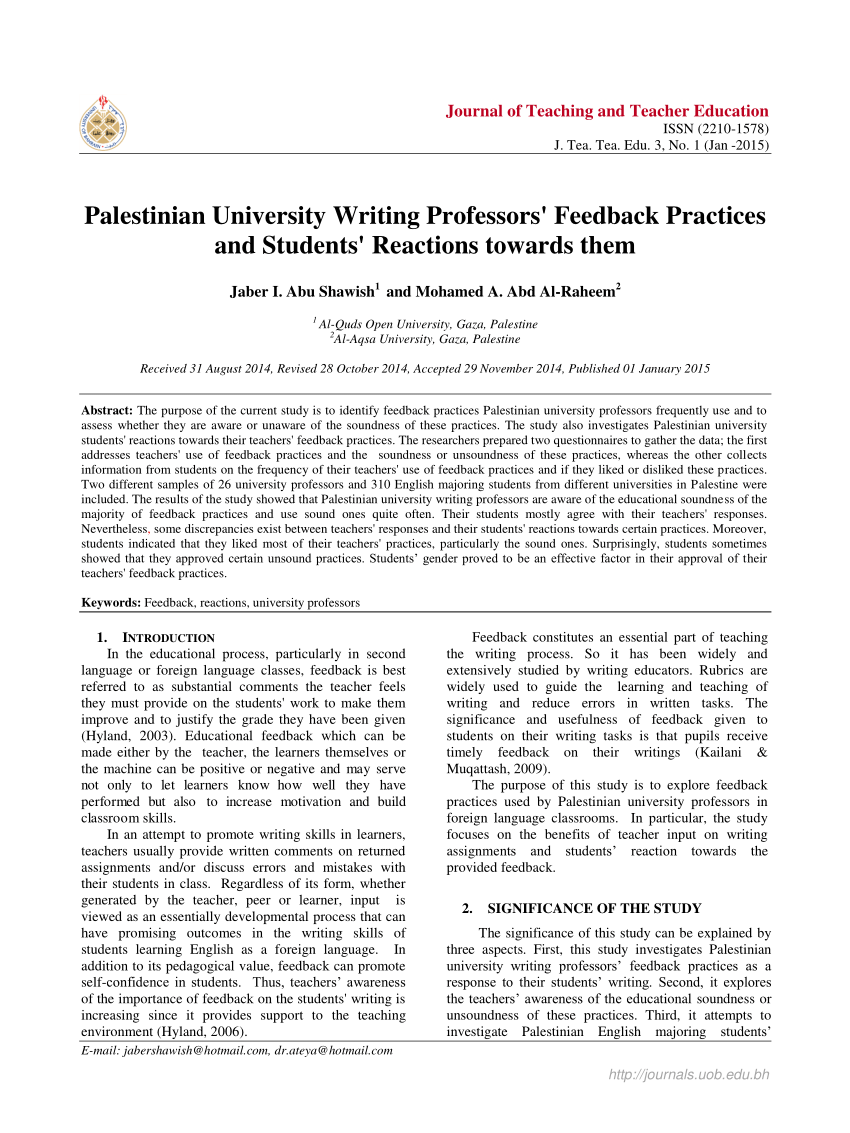 Pdf Palestinian University Writing Professors Feedback Practices And Students Reactions Towards Them