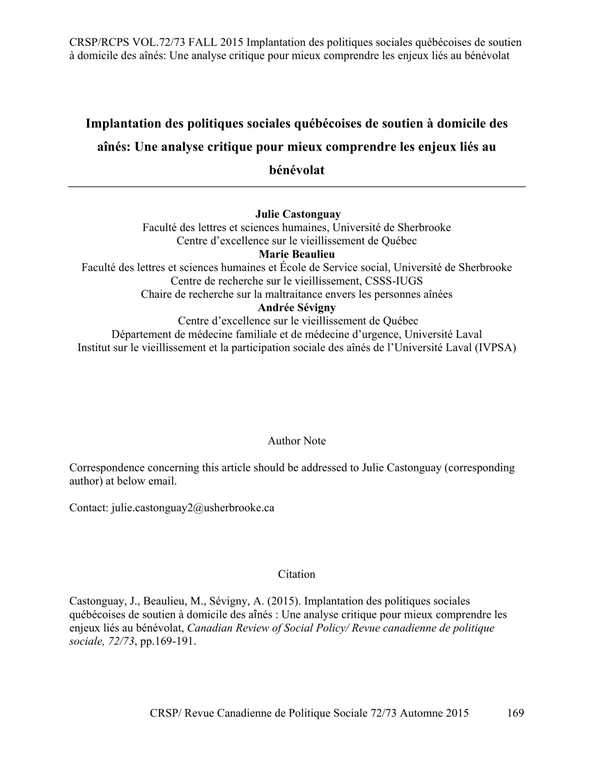 Pdf Implantation Des Politiques Sociales Quebecoises De Soutien A Domicile Des Aines Une Analyse Critique Pour Mieux Comprendre Les Enjeux Lies Au Benevolat