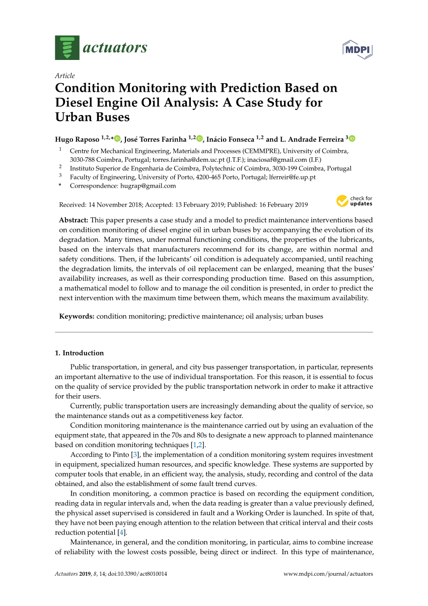 Pdf Condition Monitoring With Prediction Based On Diesel Engine Oil Analysis A Case Study For Urban Buses