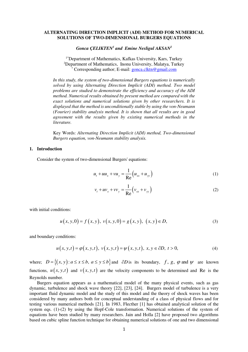 Pdf Alternating Direction Implicit Adi Method For Numerical Solutions Of Two Dimensional Burgers Equations