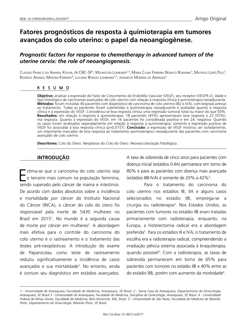 Pdf Fatores Prognósticos De Resposta à Quimioterapia Em Tumores Avançados Do Colo Uterino O 4286