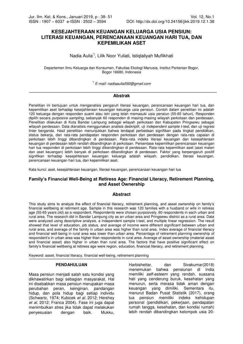 Pdf Kesejahteraan Keuangan Keluarga Usia Pensiun Literasi Keuangan Perencanaan Keuangan Hari