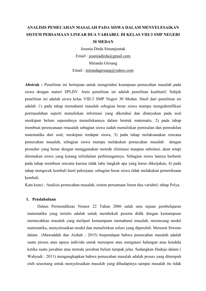 Pdf Analisis Pemecahan Masalah Pada Siswa Dalam Menyelesaikan Sistem Persamaan Linear Dua Variabel Di Kelas Viii 3 Smp Negeri 30 Medan