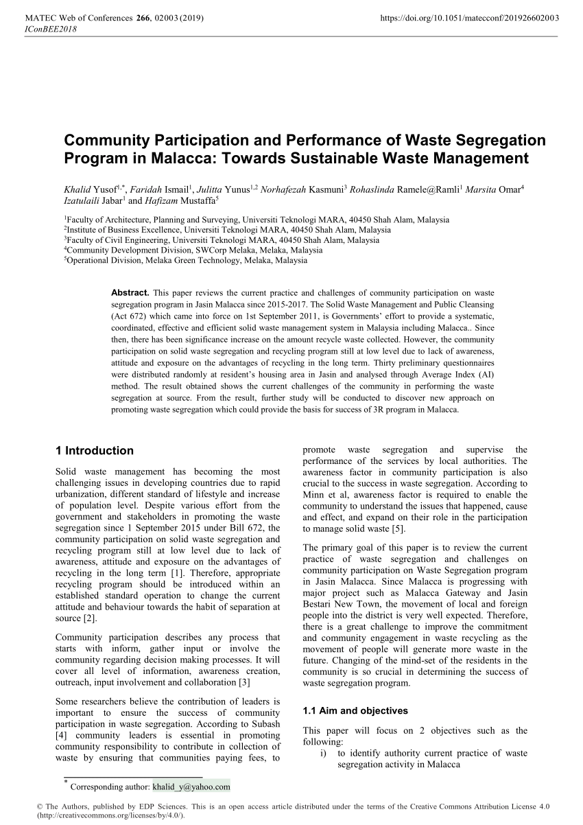 (PDF) Community Participation and Performance of Waste ...