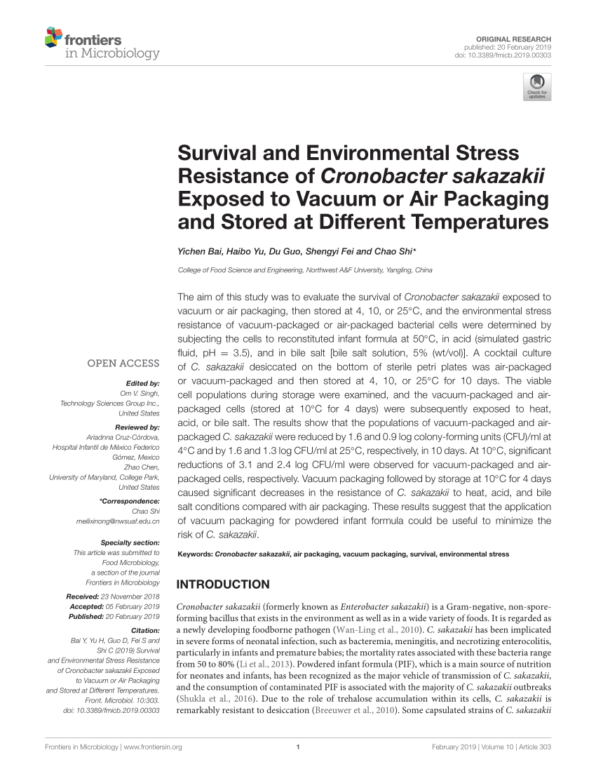 Pdf Survival And Environmental Stress Resistance Of Cronobacter Sakazakii Exposed To Vacuum Or