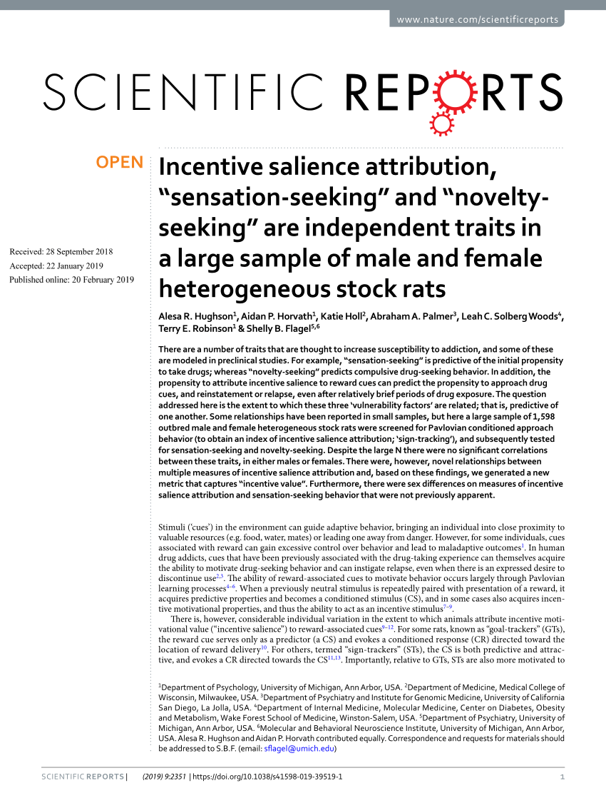 PDF) Incentive salience attribution, “sensation-seeking” and  “novelty-seeking” are independent traits in a large sample of male and  female heterogeneous stock rats