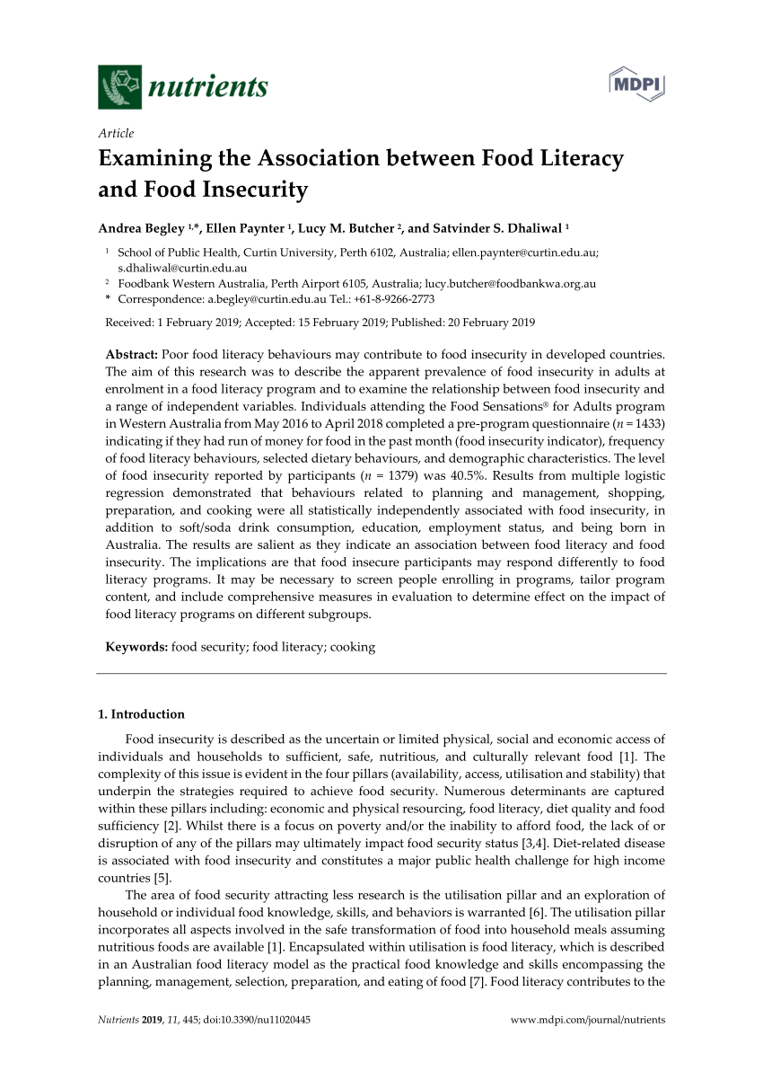 Pdf Examining The Association Between Food Literacy And Food