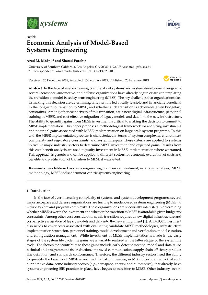 (PDF) Economic Analysis of Model-Based Systems Engineering