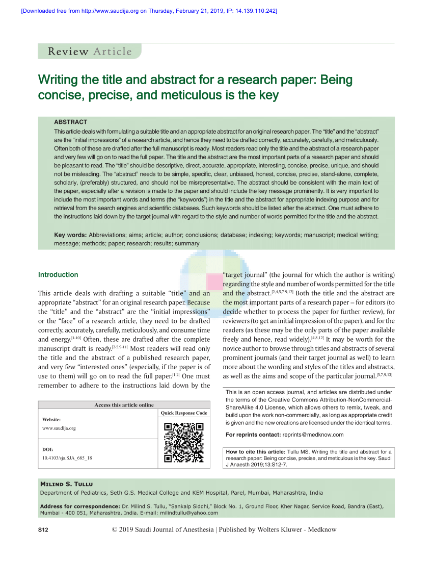 PDF) Writing the title and abstract for a research paper: Being