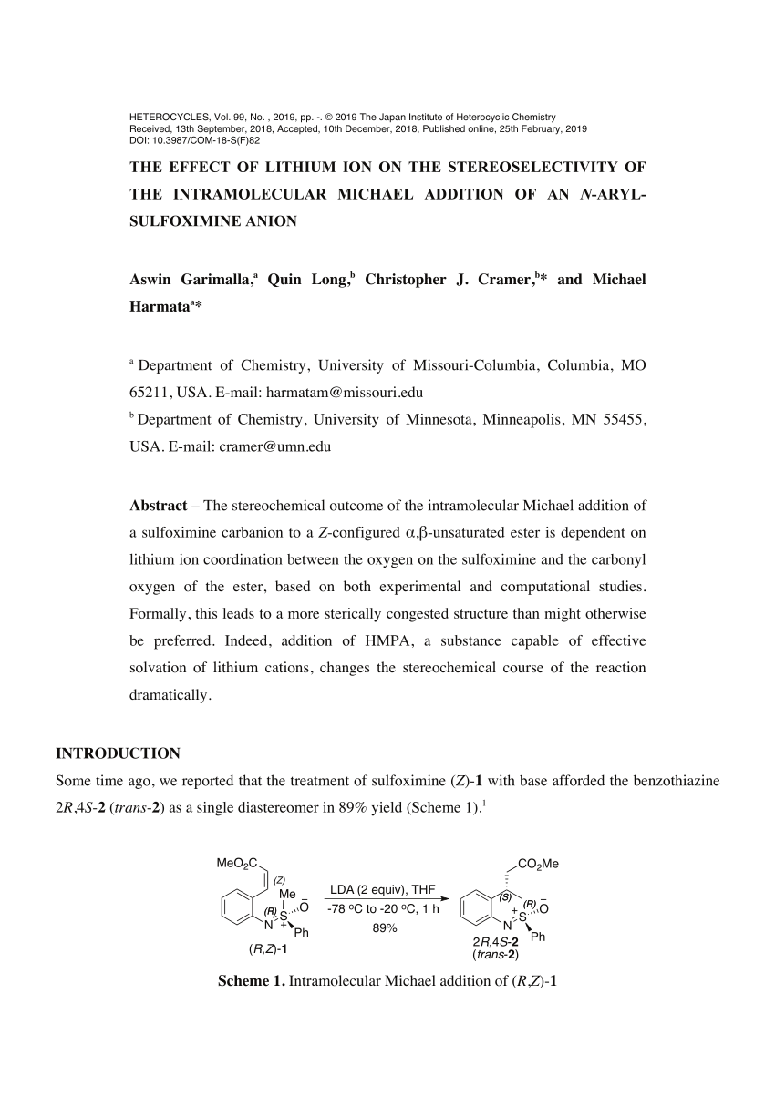 Pdf The Effect Of Lithium Ion On The Stereoselectivity Of The Intramolecular Michael Addition Of An N Aryl Sulfoximine Anion