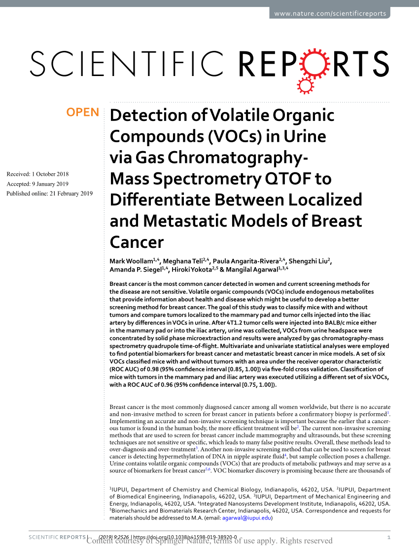 Pdf Detection Of Volatile Organic Compounds Vocs In Urine Via Gas Chromatography-mass Spectrometry Qtof To Differentiate Between Localized And Metastatic Models Of Breast Cancer
