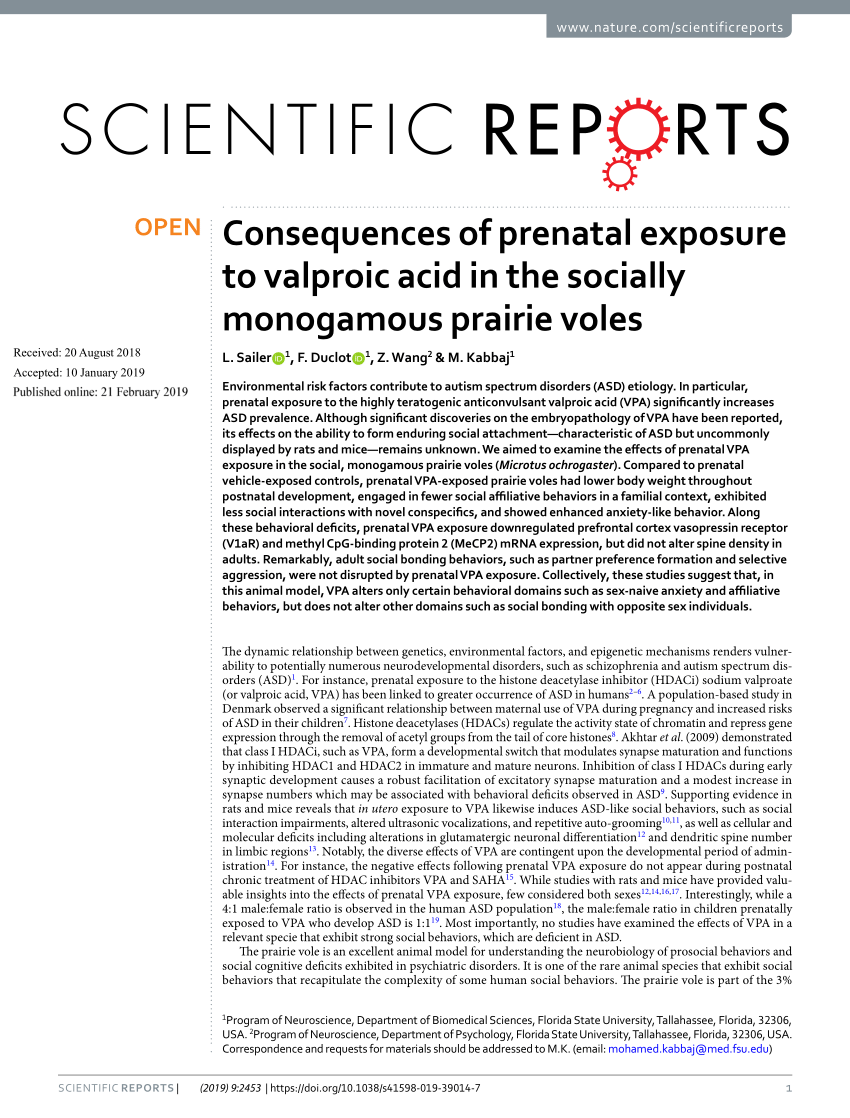 PDF) Consequences of prenatal exposure to valproic acid in the 