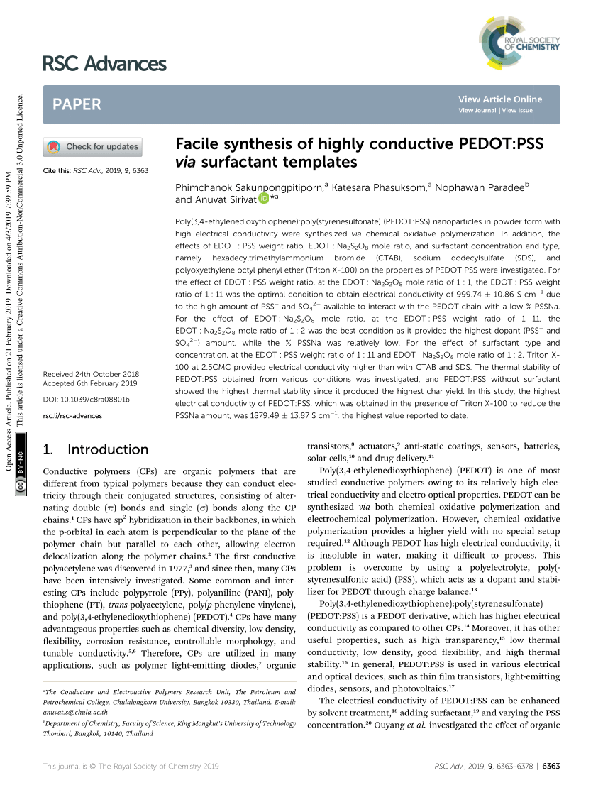 Pdf Facile Synthesis Of Highly Conductive Pedot Pss Via Surfactant Templates