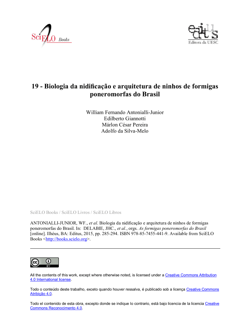 Pdf Biologia Da Nidificacao E Arquitetura De Ninhos De Formigas Poneromorfas Do Brasil