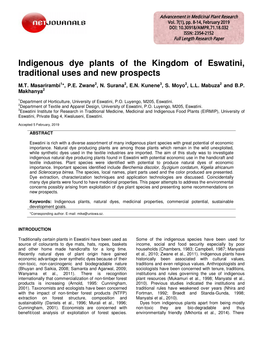 Pdf Indigenous Dye Plants Of The Kingdom Of Eswatini Traditional Uses And New Prospects