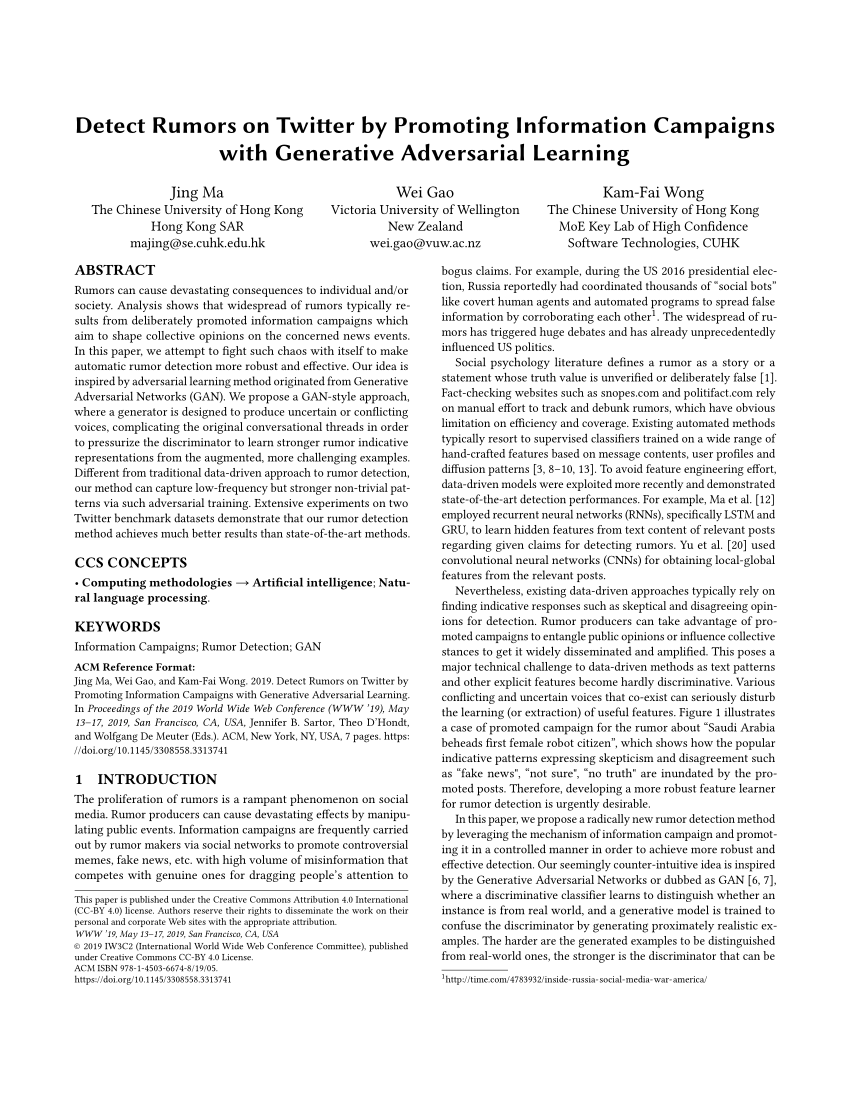 Pdf Detect Rumors By Promoting Information Campaigns With Generative Adversarial Learning