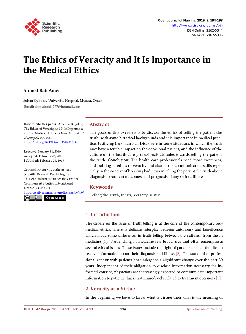 Pdf The Ethics Of Veracity And It Is Importance In The Medical Ethics