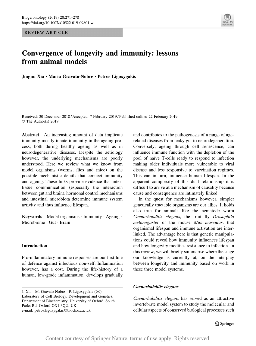 Pdf Convergence Of Longevity And Immunity Lessons From Animal Models