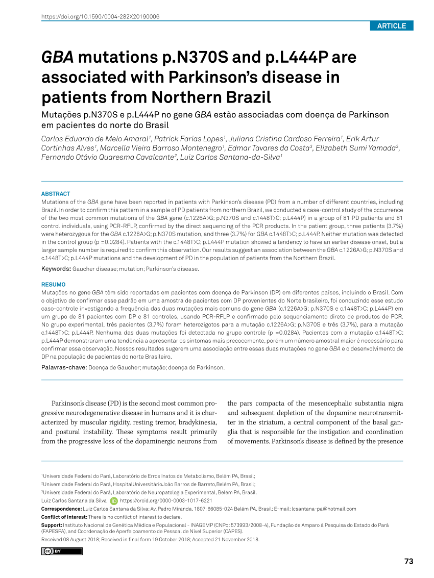 Pdf Gba Mutations P N370s And P L444p Are Associated With Parkinson S Disease In Patients From Northern Brazil