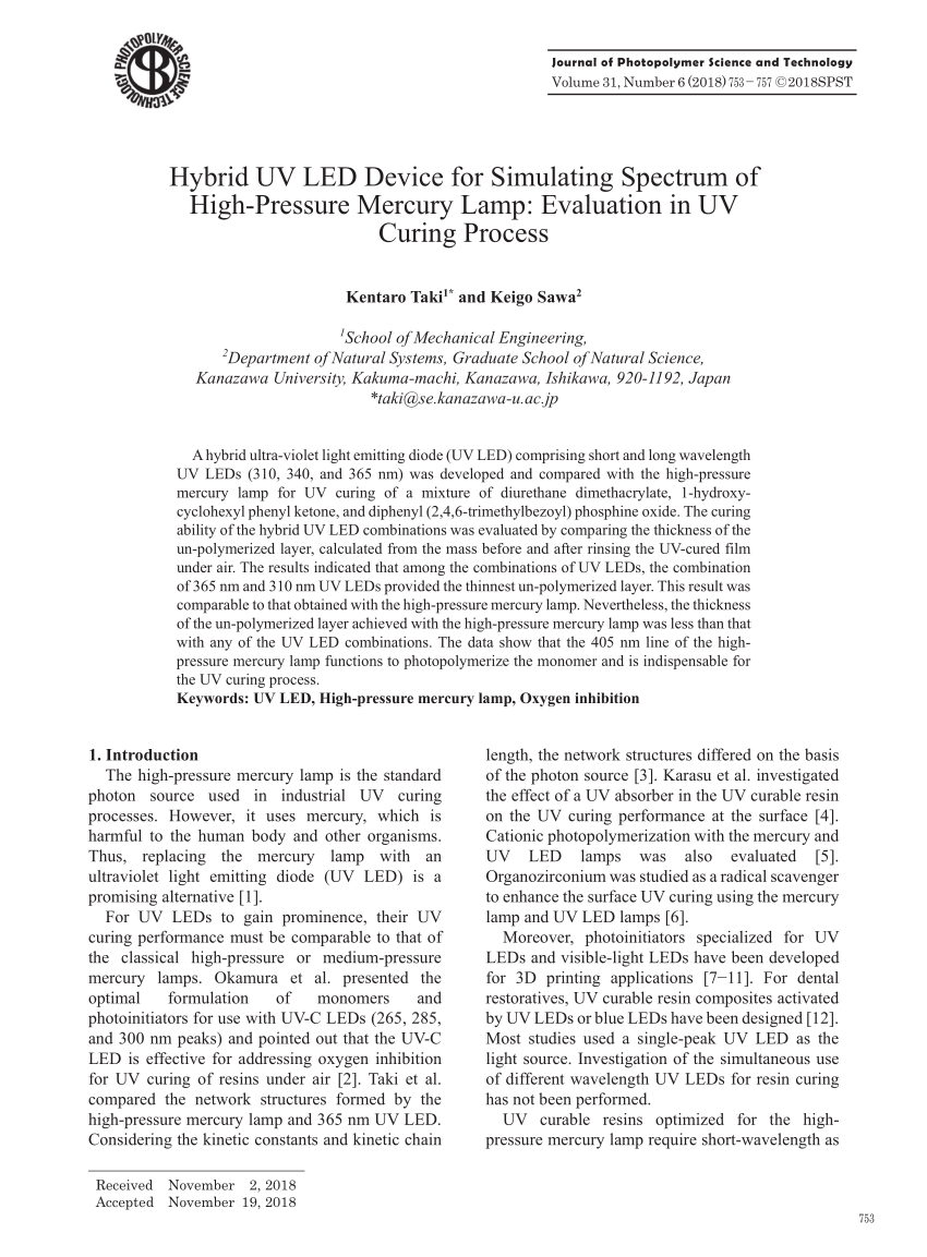 PDF) Hybrid UV LED Device for Simulating Spectrum of High-Pressure Mercury  Lamp: Evaluation in UV Curing Process