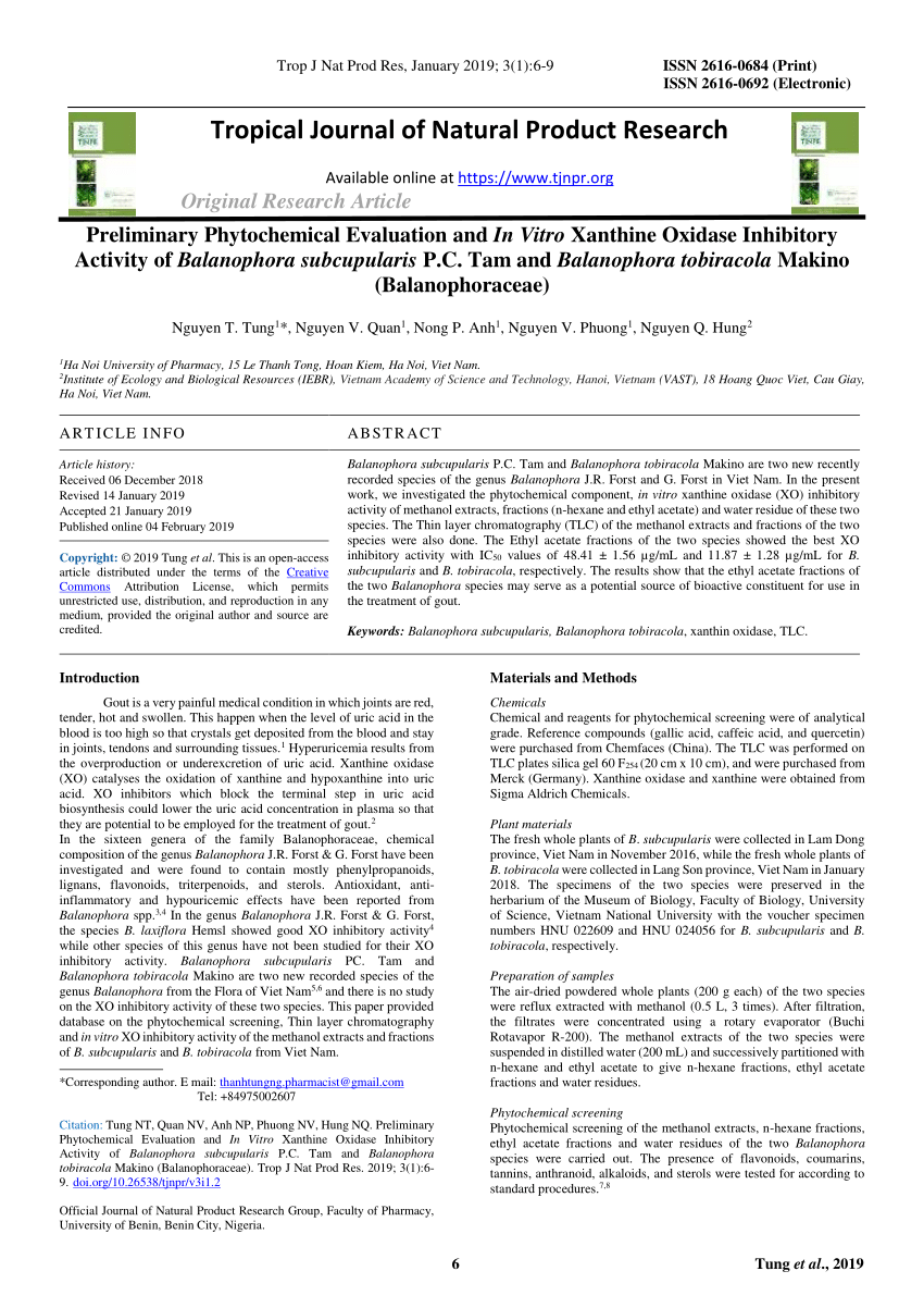 Pdf Preliminary Phytochemical Evaluation And In Vitro Xanthine Oxidase Inhibitory Activity Of Balanophora Subcupularis P C Tam And Balanophora Tobiracola Makino Balanophoraceae