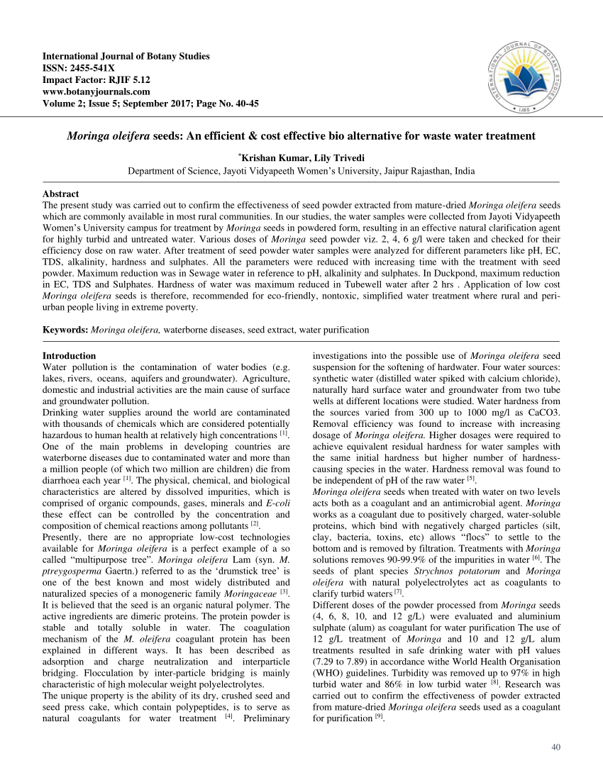 Pdf Moringa Oleifera Seeds An Efficient Cost Effective Bio Alternative For Waste Water Treatment