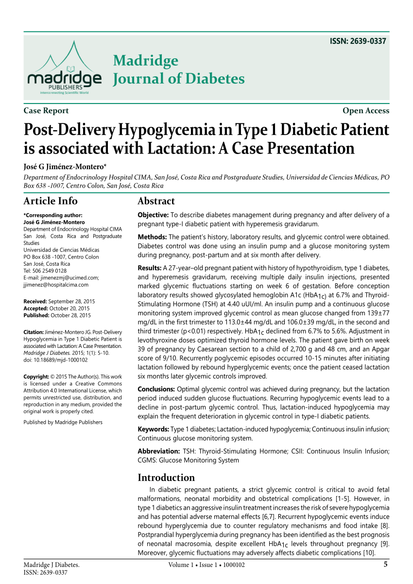 Pdf Post Delivery Hypoglycemia In Type 1 Diabetic Patient Is Associated With Lactation A Case Presentation