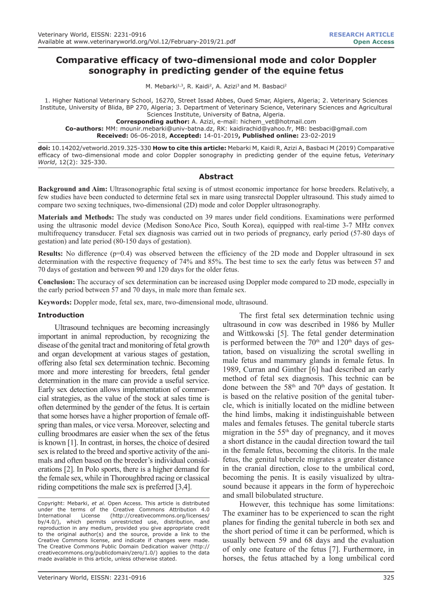 PDF) Comparative efficacy of two-dimensional mode and color Doppler  sonography in predicting gender of the equine fetus