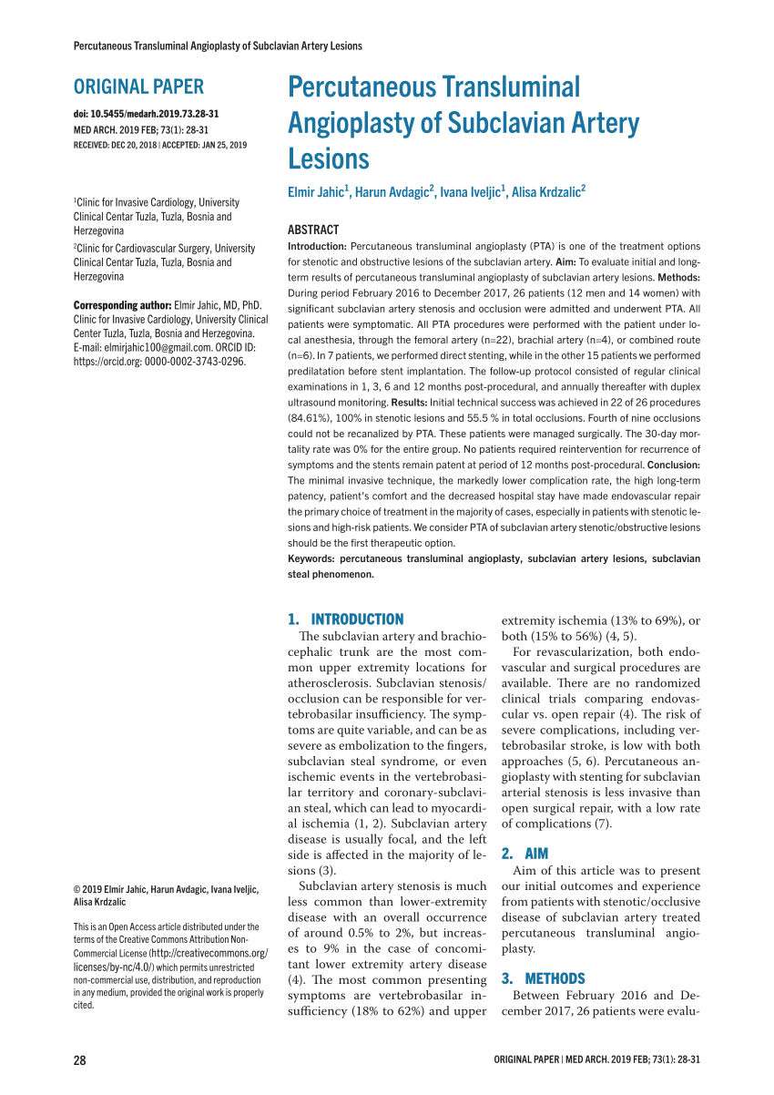 PDF) Percutaneous Transluminal Angioplasty of Subclavian Artery Lesions