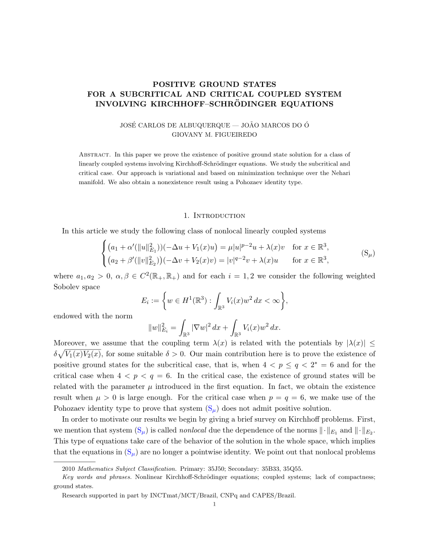 Pdf Positive Ground States For A Subcritical And Critical Coupled System Involving Kirchhoff Schrodinger Equations