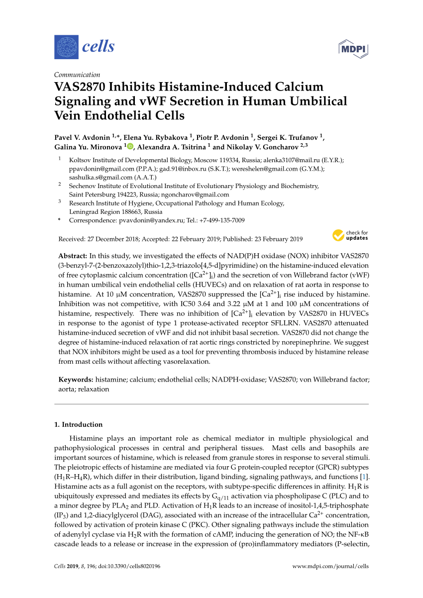 PDF) VAS2870 Inhibits Histamine-Induced Calcium Signaling and vWF 