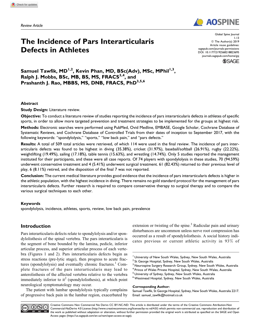 Pdf The Incidence Of Pars Interarticularis Defects In Athletes
