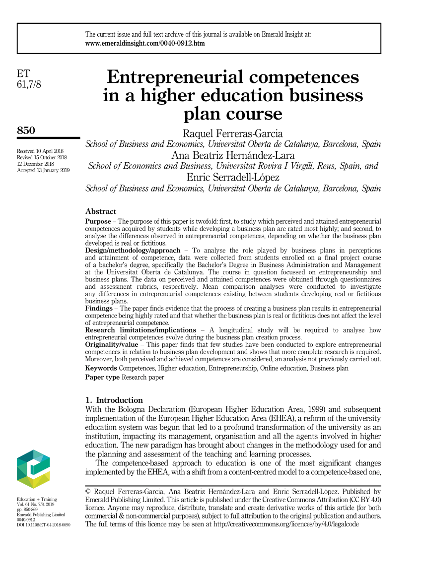 PDF Entrepreneurial competences in a higher education business