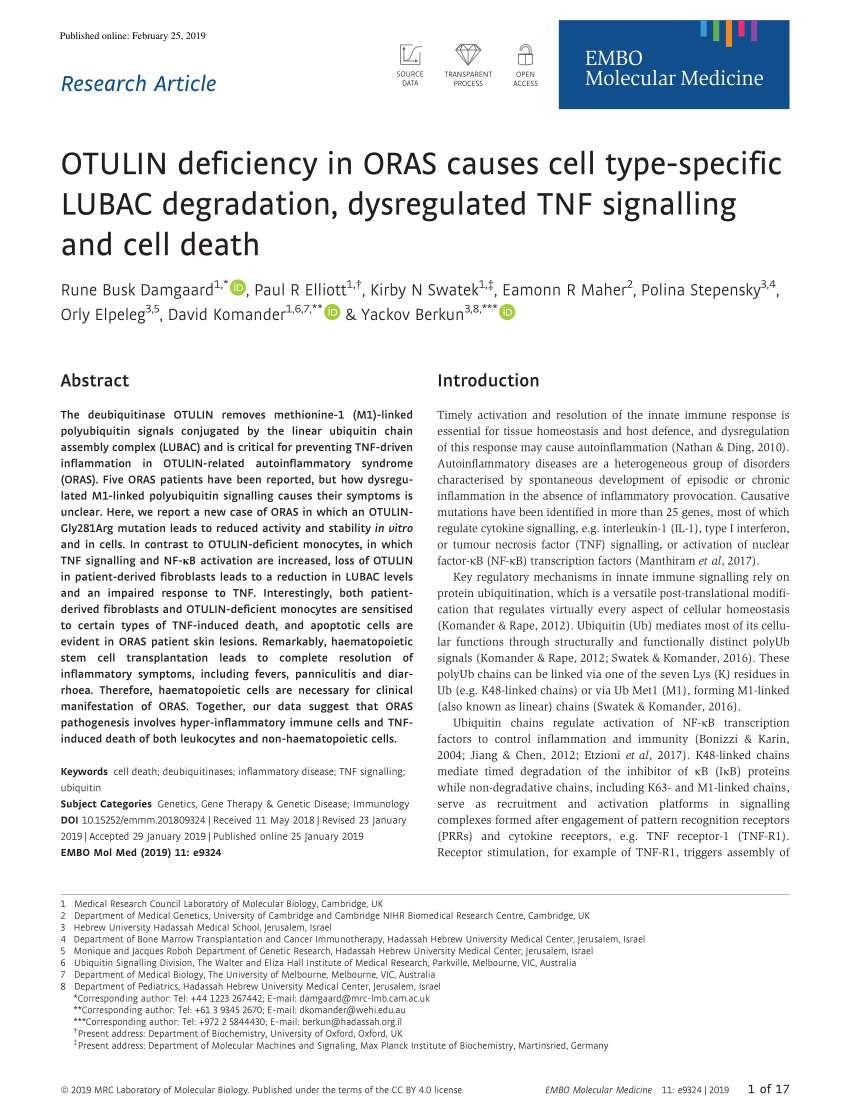 Pdf Otulin Deficiency In Oras Causes Cell Type Specific Lubac Degradation Dysregulated Tnf Signalling And Cell Death