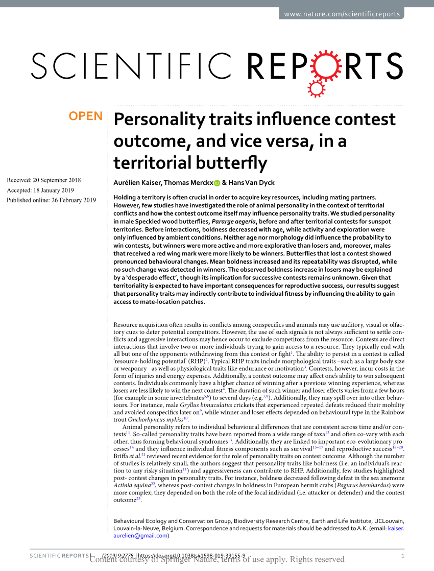 PDF Personality traits influence contest outcome and vice versa