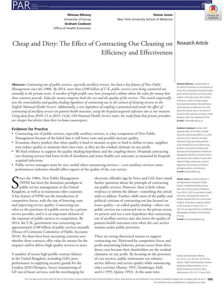 PDF) Cheap and Dirty: The Effect of Contracting Out Cleaning on Efficiency  and Effectiveness