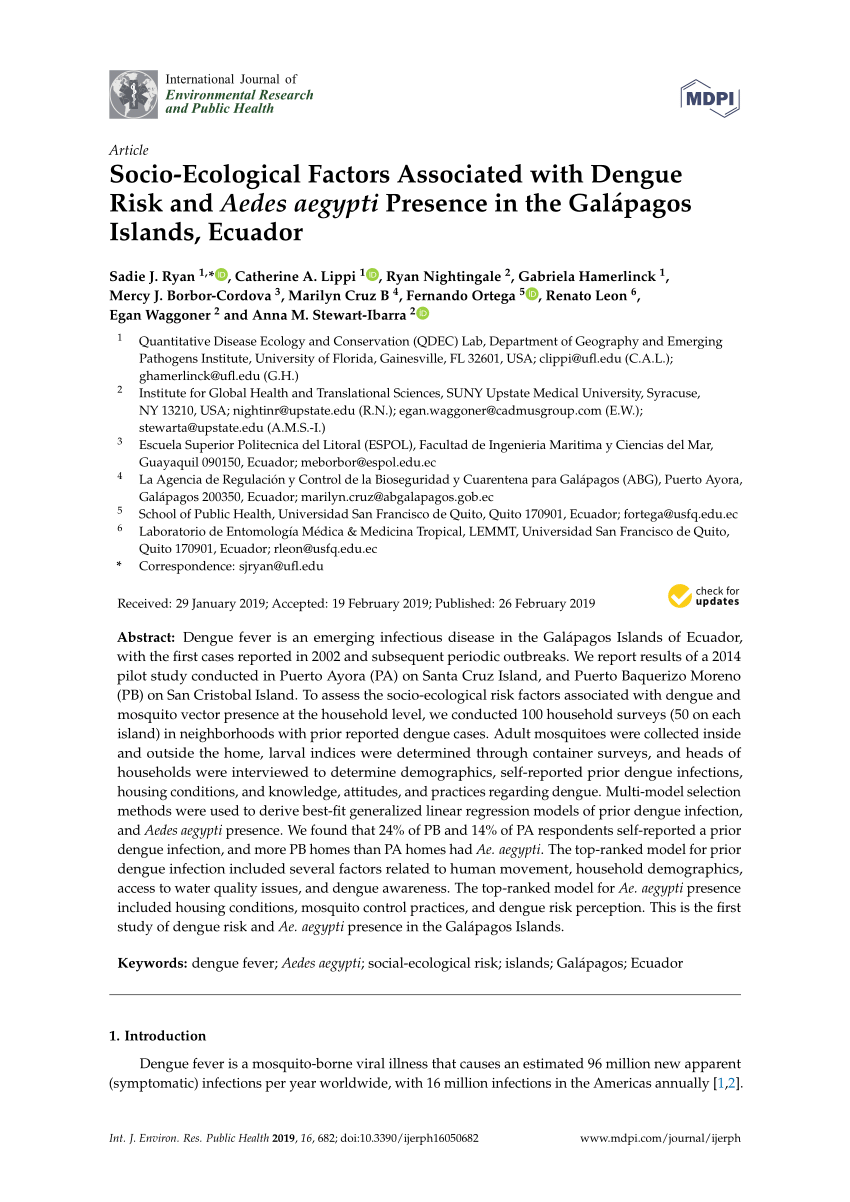 Pdf Socio Ecological Factors Associated With Dengue Risk And Aedes Aegypti Presence In The Galapagos Islands Ecuador