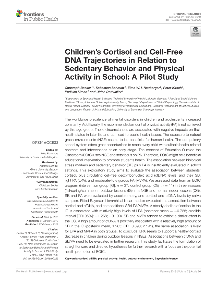 Children's Cortisol and Cell-Free DNA in Relation to Sedentary and Physical Activity in School: A Pilot
